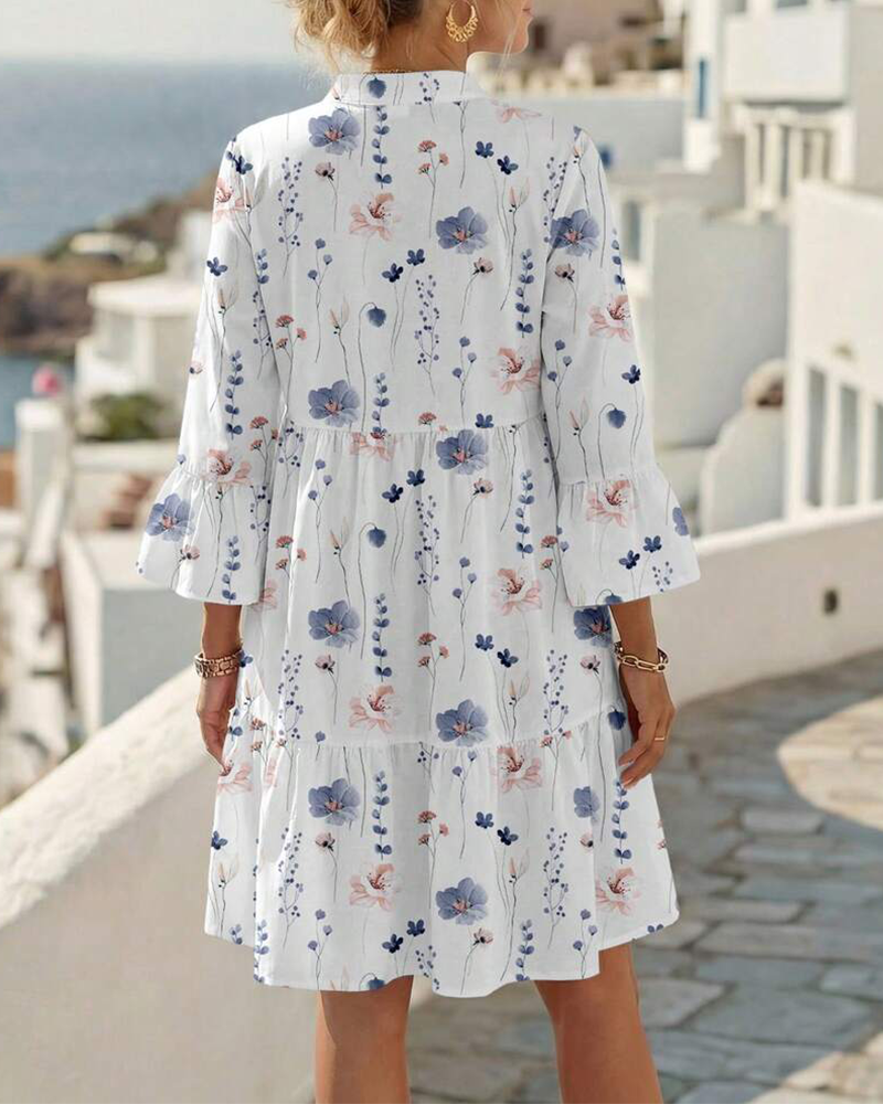Vestito Scollo a V Stampa Floreale Midi