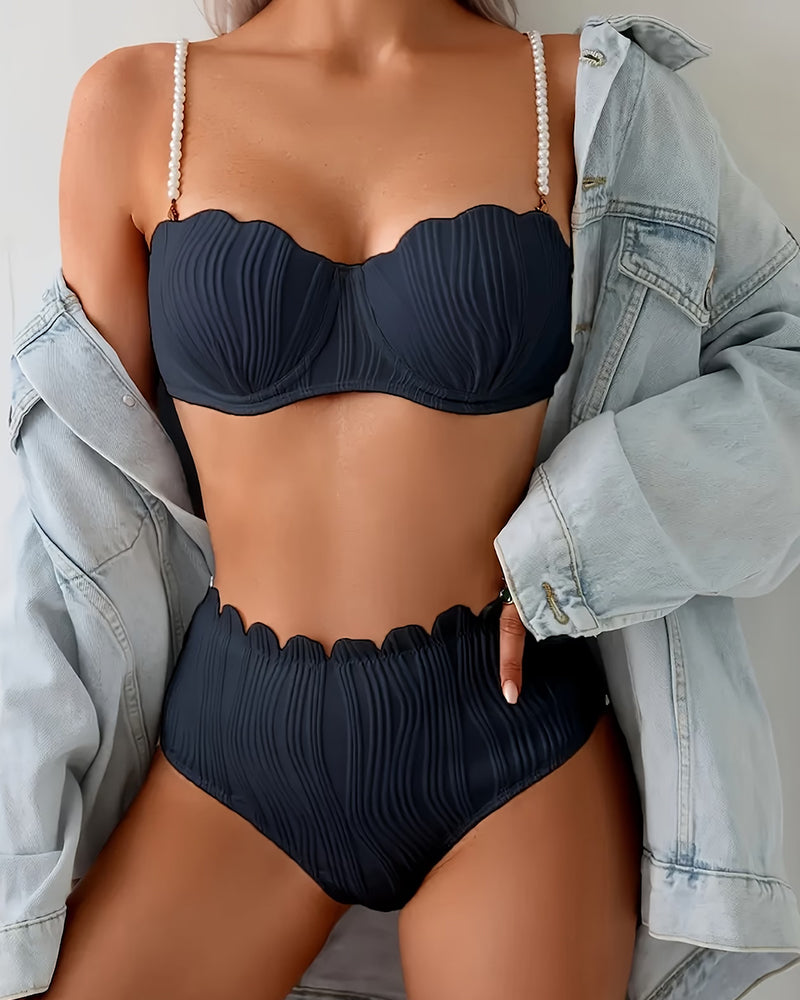 Bikini con Perline Bordo Strutturato Smerlato e Fiocco