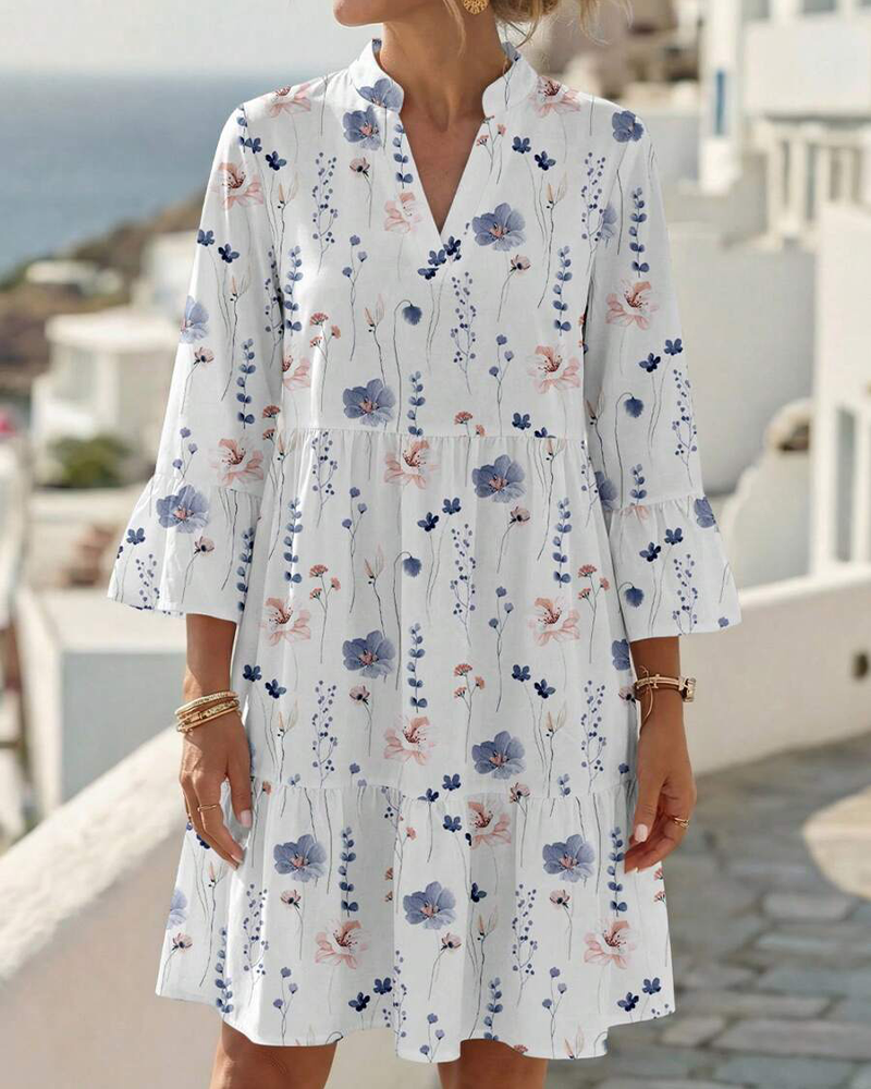 Vestito Scollo a V Stampa Floreale Midi