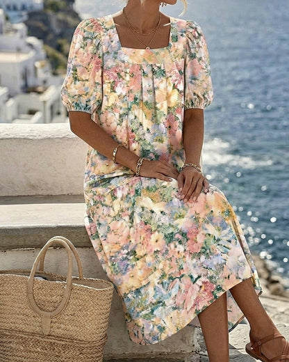 Vestito Stampato Scollo Quadrato Manica a Sbuffo