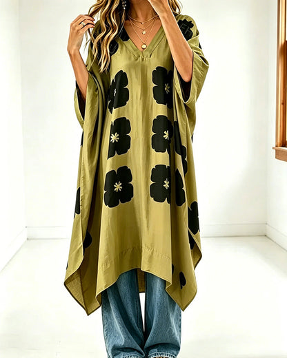 Vestito Stampato Scollo a V Manica a Pipistrello Taglio Morbido