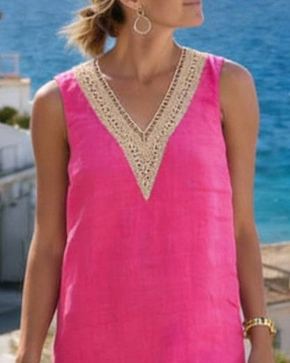 Vestito Senza Maniche Scollo a V con Inserti in Pizzo