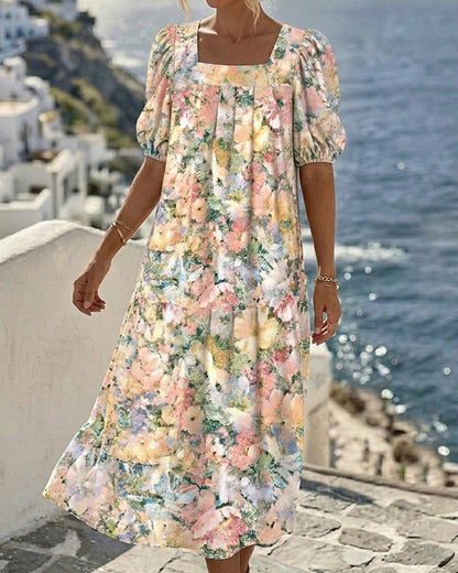 Vestito Stampato Scollo Quadrato Manica a Sbuffo