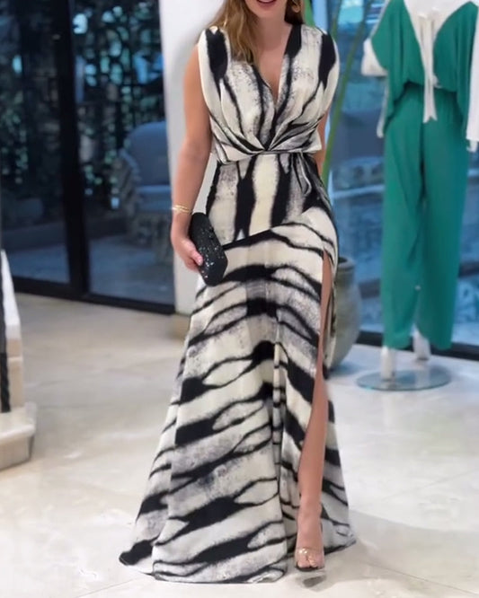 Vestito Senza Maniche Scollo a V Stampato Maxi con Spacco