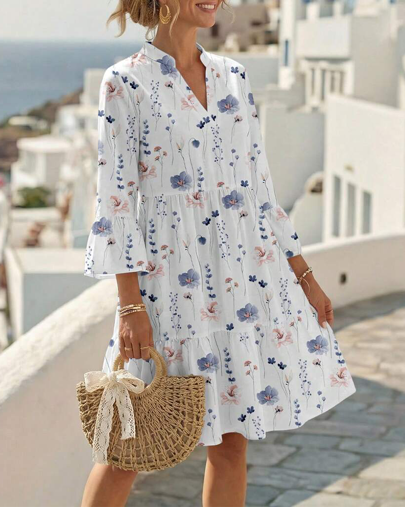 Vestito Scollo a V Stampa Floreale Midi