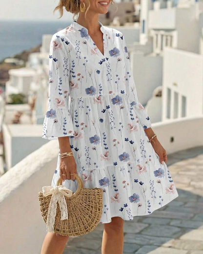 Vestito Scollo a V Stampa Floreale Midi