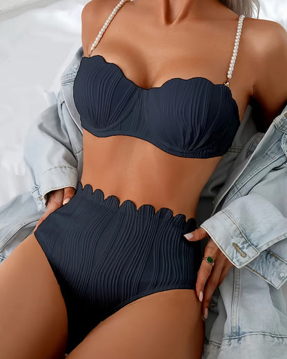 Bikini con Perline Bordo Strutturato Smerlato e Fiocco