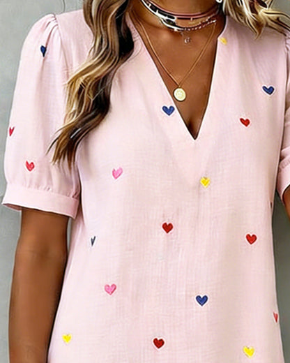 Vestito Colorato Stampa a Cuore con Scollo a V